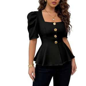 Women's Square Neck Puff Sleeve Peplum <b>Top</b> - Gold Button Fitted Shirt Fashion - Product Image 2