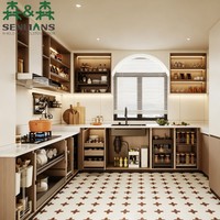 Meuble de cuisine modulaire haut de gamme SLS, armoire sans poignée en texture bois avec rangement coulissant pour projets de villas
