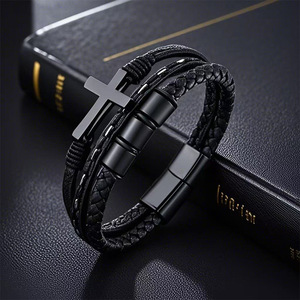 Cross <b>Leather</b> <b>Bracelet</b> Men's Black Braided Genuine <b>Leather</b> With Cross Pendant Everyday Wear Jewelry YM-0016 - Product Image 1