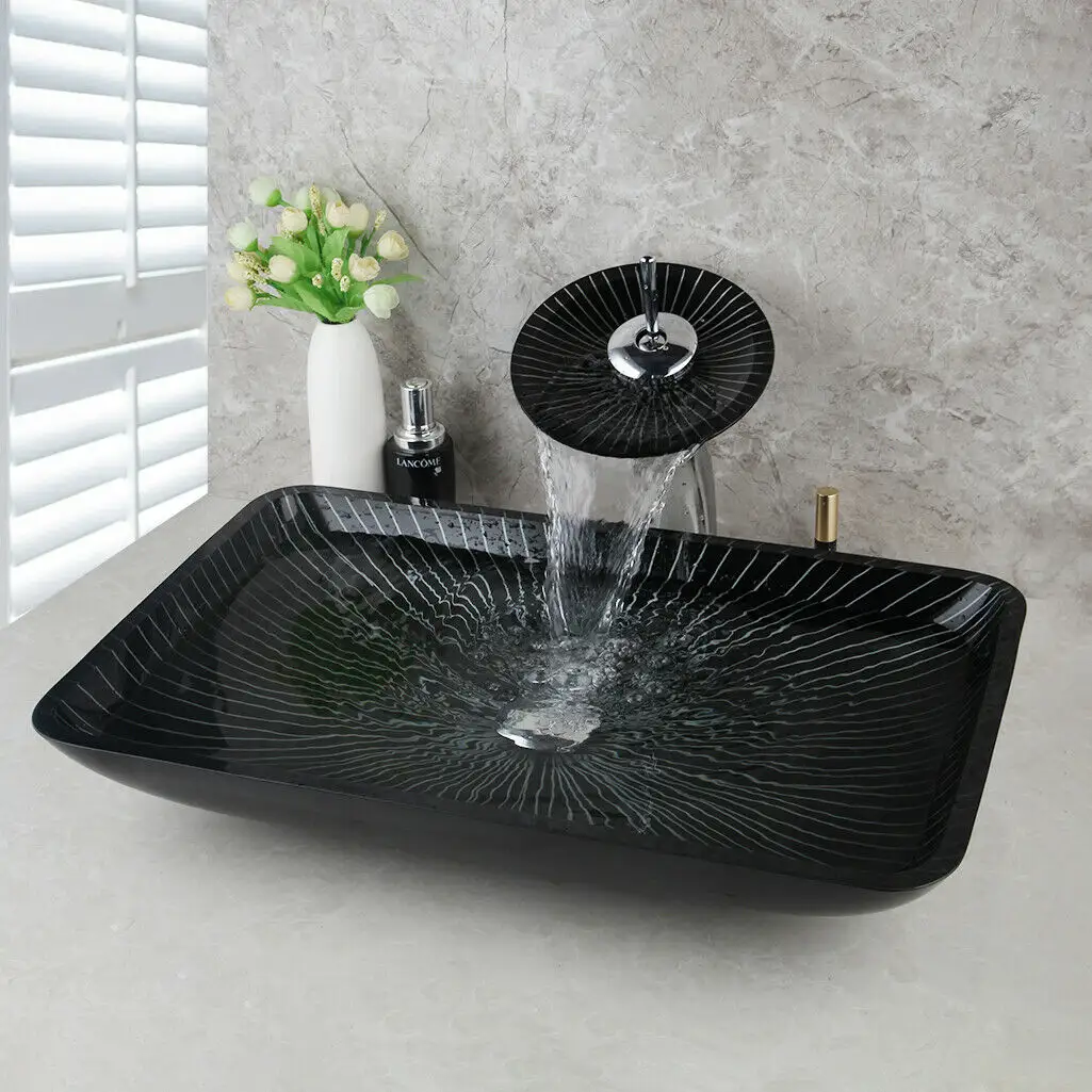 JIENI Tempered Glass Vessel Bathroom Wash Basin Sink With Pop-Up Mounting Faucet Deck Mounted