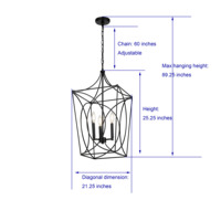 Luminaire suspendu carré traditionnel noir à 3 lumières, moyen, intérieur, E12, à intensité variable, hauteur réglable