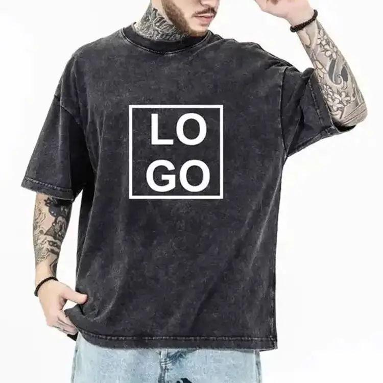 Özel Logo Streetwear Vintage 230g ağır pamuk boy kar T-shirt erkekler Hip Hop asit yıkama boş sıkıntılı T Shirt