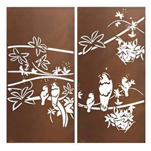 Modern Laser Cut Metal Room Divider 4 Panel Bird and Flower Design Decorative <b>Screen</b> Fixed Frame Structure Corten steel - Product Image 3