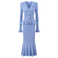 Robe mi-longue à manches longues et col en V et jupe deux pièces pour femme