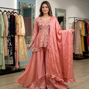 Conjunto de Salwar Kameez de Seda Rosa con Bordado Rangoli y Dupatta para Mujer, Ideal para Fiestas, Graduaciones, Diwali y Bodas, Creaciones NiMa - Product Image 1