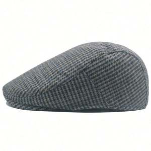 Bérets en laine tweed à carreaux chevrons pour hommes, chapeaux plats Gatsby à carreaux pour l'automne et l'hiver, casquettes plates chaudes d'extérieur style Ivy - Product Image 6