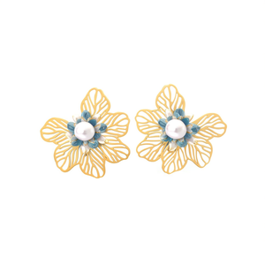 Fashion <b>Stud</b> <b>Earrings</b> Gold Plated 316L Stainless Steel <b>Blue</b> Flower Pearl Center Women's Jewelry - Product Image 2