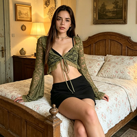 Chemisier T-shirt Femme Vert en Dentelle, Col V, Style Cardigan à Nouer sur le Devant, Manches Évasées, Protection UV, Sexy, Haute Qualité