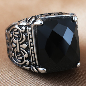 Men's <b>Titanium</b> Steel <b>Ring</b> <b>Black</b> Stone Geometric Design Prong Setting Punk Style Fashion Jewelry Gift - Product Image 1
