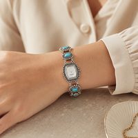 Montre-bracelet vintage en pierre turquoise pour femme, cadran en nacre argentée antique, bijoux, OEM ODM