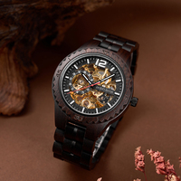 Montre de luxe pour homme, squelette, logo personnalisé, bois de santal noir naturel, automatique, mécanique, acier inoxydable, tourbillon