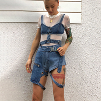 Nouvelle Conception De Style De Rue D'été Look Edgy Coupe Ample Sexy Denim Sangle sur Jambe Haute Taille Utilitaire Short En Jean femmes