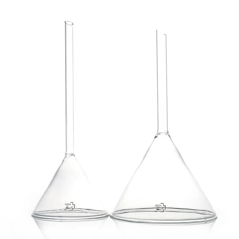 Embudos de vidrio cónico de seguridad para laboratorio, embudos triangulares de 75mm y 60mm, diferentes tamaños, venta al por mayor
