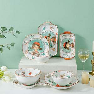 Plato de Cerámica con Diseño de Cuento de Hadas, Estilo Japonés, Plato Plano de Porcelana para Hornear con Dos Asas - Product Image 1