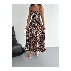 Women's Leopard Print Strappy Layered Long <b>Dress</b> Woven Viscose 125 Cm Casual Wear - Product Image 2