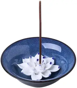 Incense Holder for Sticks Ceramic Handicraft Incense Burner Bowl Coil Lotus Ash Catcher Tray 4.62 Inch Dark Blue