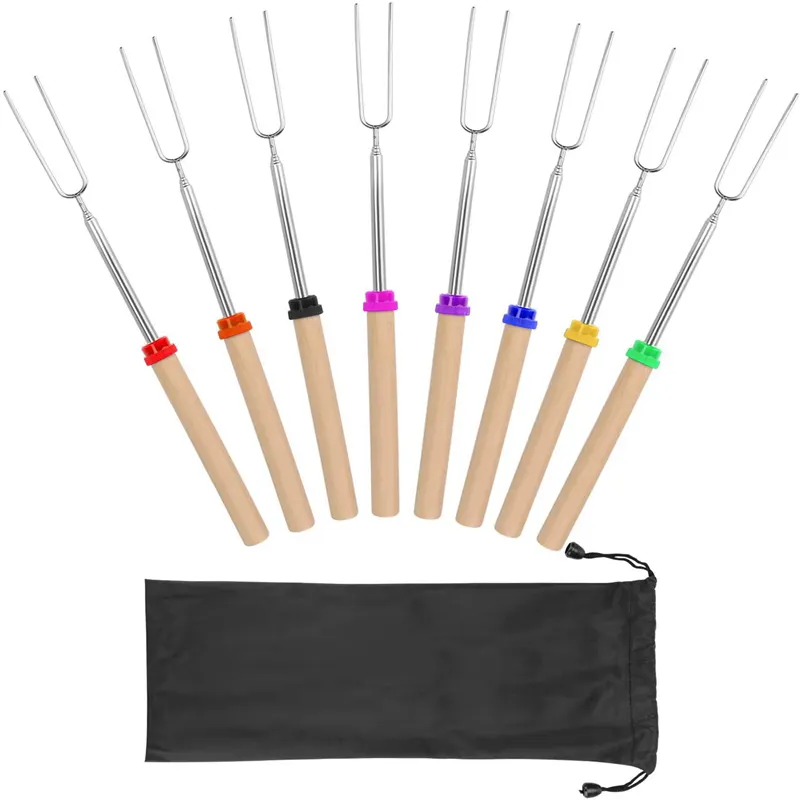 Streç paslanmaz çelik barbekü çatalı 8 renk ahşap saplı Marshmallow kavurma barbekü Sticks 32 inç