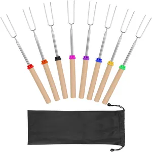 Stretch Stainless Steel Barbecue Fork 8 Color Wood Handle Marshmallow Roasting BBQ Sticks 32inch