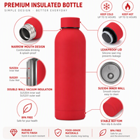 Bouteille d'eau isotherme double paroi en acier inoxydable 500 ml, personnalisable, colorée, finition caoutchouc mat, petite ouverture, pour l'extérieur, vente en gros