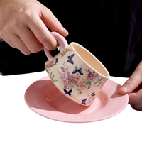 Ensemble de tasse à café et plateau en céramique de luxe rétro, avec motif d'hortensia en velours, boîte cadeau incluse, cadeau commémoratif haut de gamme