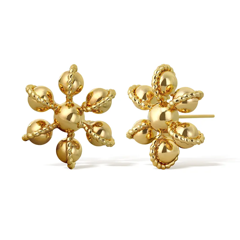Moda Simples Latão 18k Banhado A Ouro Brincos Light Luxury Snow Flower Earrings Design Round Ball Flower Stud Earrings