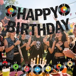 Decoraciones de Cumpleaños con Temática de Rock and Roll, Decoraciones de Vinilo, Pancarta de Cumpleaños con Diseño de Disco de Vinilo para Fiestas de los Años <span class=keywords><strong>50</strong></span>, <span class=keywords><strong>60</strong></span>, <span class=keywords><strong>70</strong></span> <span class=keywords><strong>y</strong></span> 90 - Product Image 4
