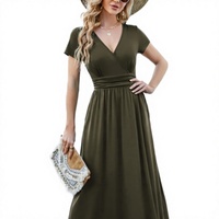 Robe longue décontractée pour femme, col en V, manches courtes, taille empire, coupe ample et fluide, avec poches, idéale pour l'été et la plage, en Spandex/Polyester