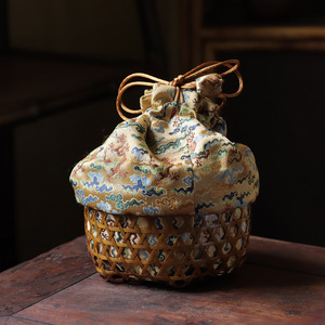 Handmade <b>Bamboo</b> Woven <b>Basket</b> With Embroidered Cloth Cover Jewelry Storage Box Round Yellow Tea Ceremony Accessory - Product Image 1
