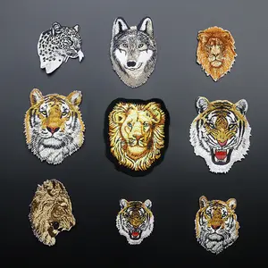 Tiger Lion Leopard Wolf embroidery patches adhesive backing hot melt adhesive tape press heat iron on patch for clothes