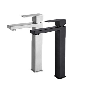 Tall Square Basin Faucet Single Hole <b>Deck</b> Mounted Stainless Steel Minimalist Design Hot Cold Water Single Handle - Product Image 1