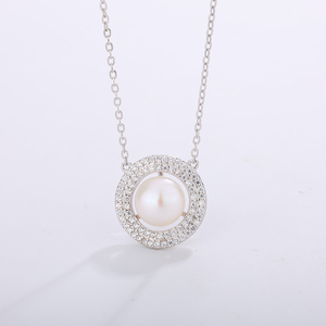 Collar con Colgante Circular de Perla de Agua Dulce en Plata de Ley S925 con Doble Halo de Circonitas, Elegante Collar de Perlas para Mujer - Product Image 3