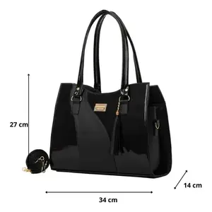 Sac à main noir en PU pour femme Fana Azyadeth M3735 avec deux poignées, fermeture éclair, décorations à pompons, style élégant, sac bandoulière - Product Image 3