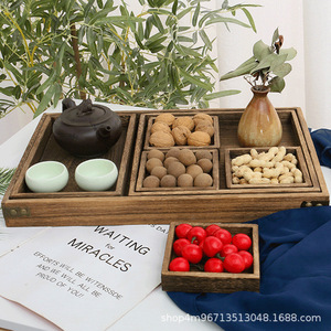 Bandeja de madera china con divisores para té, aperitivos, pasteles, multifuncional, apta para alimentos, diseño rectangular de 1 nivel - Product Image 3
