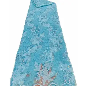 Supoo Sky Blue 3D Flowers Lace With Sequins Embroidered Pine Needle Fleece Embroidered Fabric African Fabric