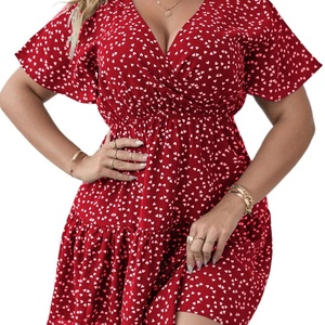 Femmes grande taille col en v a-ligne robe courte décontracté élégant Sexy Mini coton manches courtes avec ourlet à volants été - Product Image 6