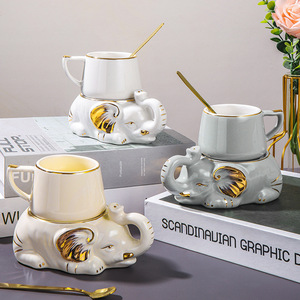 Tasse à café et soucoupe en céramique de style européen, créatives et simples, pour la maison, l'hôtellerie et la restauration, ensemble thé et café en forme d'éléphant, coffret cadeau coloré - Product Image 1