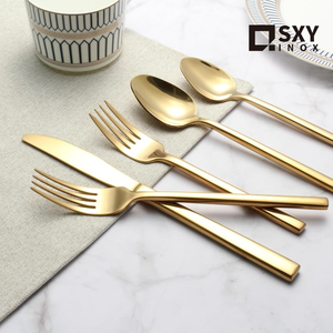Juego de cubiertos de cuchillo dorado a granel, tenedor, cuchara, mango cuadrado de acero inoxidable, juego de cubiertos - Product Image 4