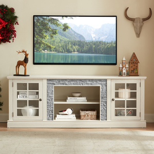 Mueble de TV Moderno de 70 Pulgadas con 2 Puertas de Almacenamiento, Consola Multimedia de Imitación Piedra, Centro de Entretenimiento Grande Blanco para Sala de Estar - Product Image 1