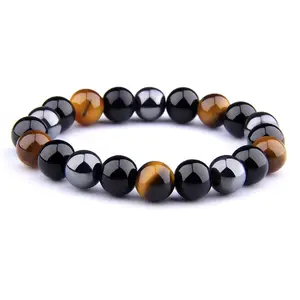 Custom make natural gem stone crystal bracelet 19cm gemstone beaded 8mm black obsidian tiger eye hematite lava stone bracelet