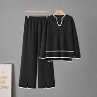 Ensemble deux pièces pour femmes, pull en tricot à col en V à manches longues, pantalon large à fentes, tenue décontractée deux pièces, 2 pièces pour femmes