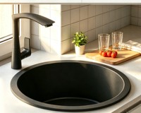 Wastafel Dapur Granit Kuarsa Komposit Single Bowl, Bak Cuci Batu Buatan