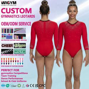 Justaucorps de gymnastique Ruby pour filles, manches longues, strass, col en V, fermeture éclair au dos, tenue de compétition pour club d'art gymnastique, OEM ODM, faible MOQ - Product Image 1