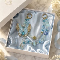 Cadena de Lujo para Teléfono con Mariposa Azul, Cordón de Perlas de Cristal Teal, Colgante para Bolso con Filigrana Dorada, Llavero, Joyería Hecha a Mano al por Mayor