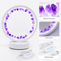 Lampe de nuit ronde en cristal d'améthyste naturelle, lumière blanche froide USB avec base blanche
