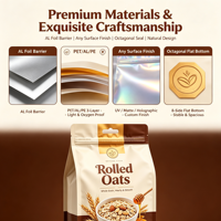 Sachet refermable à fond plat avec fermeture éclair, en aluminium haute barrière, scellé sur huit côtés, pour l'emballage de céréales, de noix et de snacks