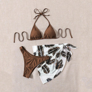 2025 sólido Europeo Americano mujeres <span class=keywords><strong>de</strong></span> tres piezas playa Bikini traje <span class=keywords><strong>de</strong></span> <span class=keywords><strong>baño</strong></span> Halter Tie falda <span class=keywords><strong>de</strong></span> malla con diseño exclusivo <span class=keywords><strong>de</strong></span> <span class=keywords><strong>Amazon</strong></span> - Product Image 2