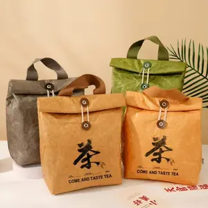 Özel Logo OEM/ODM yıkanabilir kahverengi Tyvek kağıt öğle soğutucu çanta biyobozunur su geçirmez kaplı Tyvek çay alışveriş çantası