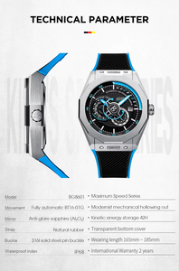 Montre pour homme BG8601-A, montre mécanique automatique squelette allemande, boîtier en acier inoxydable tendance, bracelet en caoutchouc - Product Image 6
