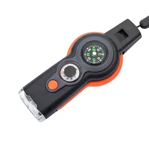 JK-ZNZ-024 prix usine 7 en 1 sifflet de survie avec thermomètre de camping lumière LED loupe outils sifflet