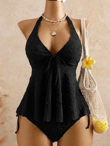 Traje de baño tankini de encaje color crema <span class=keywords><strong>para</strong></span> <span class=keywords><strong>mujer</strong></span>, con cuello halter en V profundo, lazo frontal y braga de cintura alta, ideal <span class=keywords><strong>para</strong></span> la playa en verano. - Product Image 3